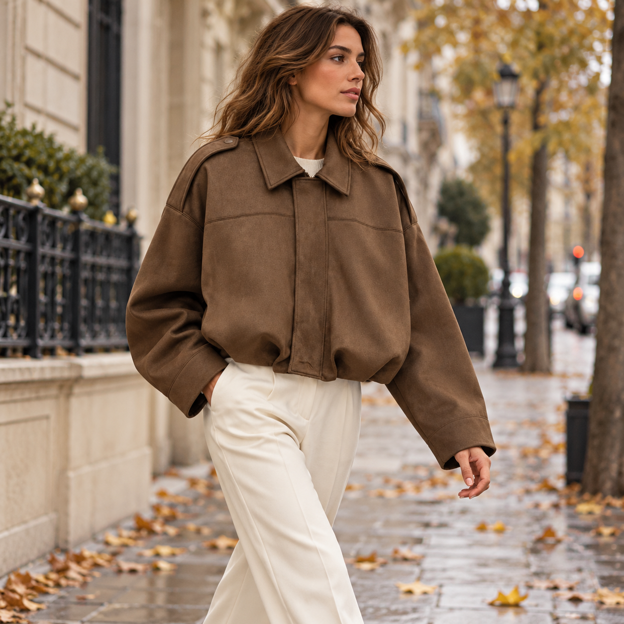 Sienna suede-look jacket styled for an autumn day